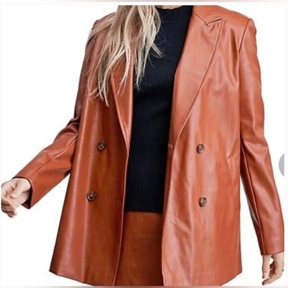 En Saison Faux Leather Oversized Blazer Jacket Double Breasted Rust Brown Small - Picture 2 of 12